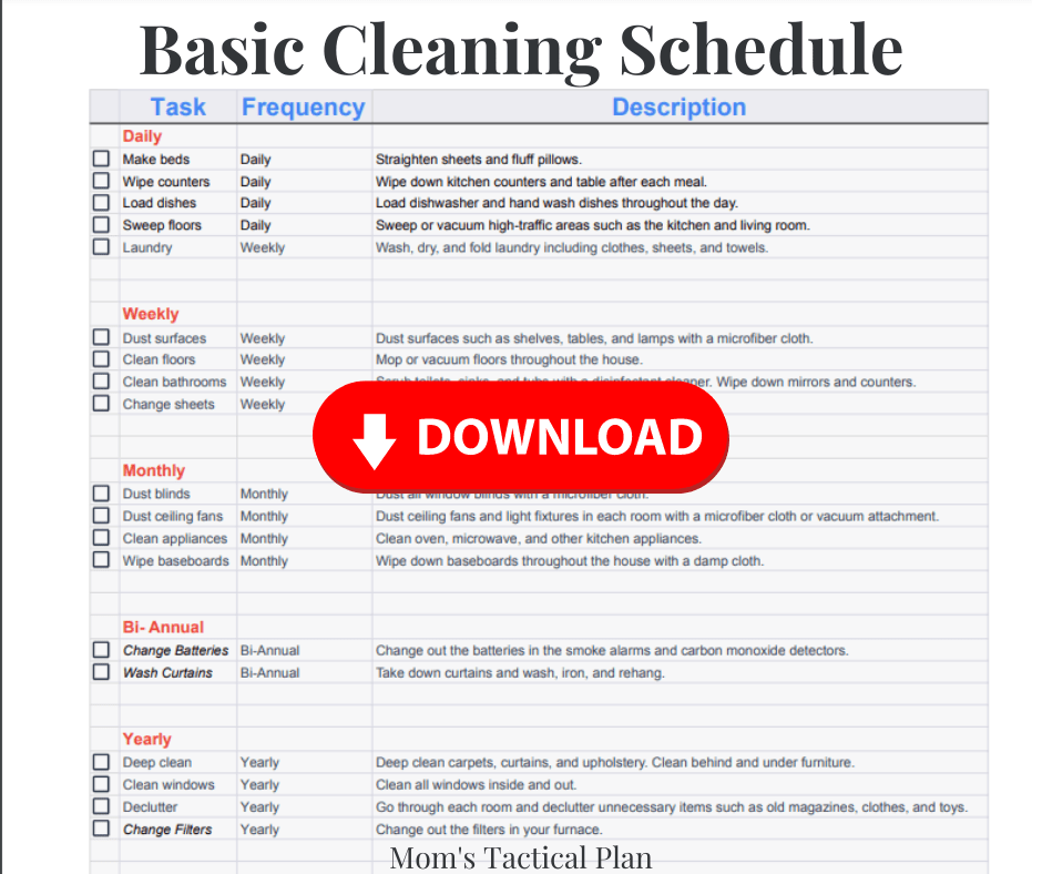 Free Download:  Basic Cleaning Schedule