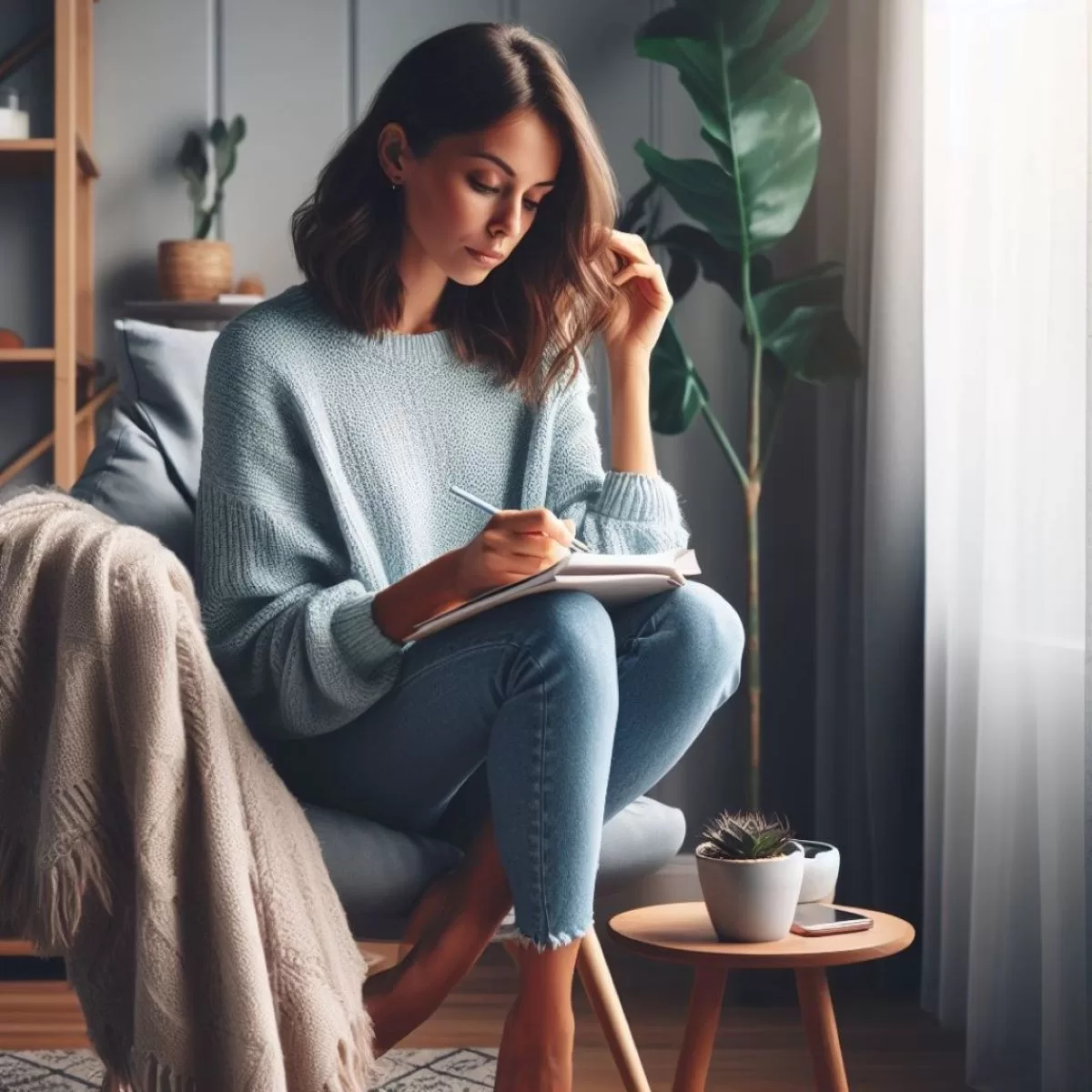 photo of a modern woman who is planning out her upcoming week sitting in a cozy corner of her house